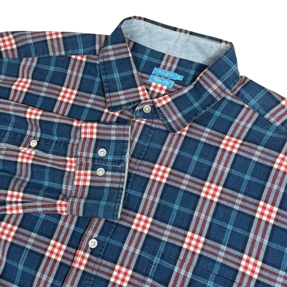 J.McLaughlin Mens XL Trim Fit Plaid Blue Red Teal Long Sleeve Button Down Shirt‎